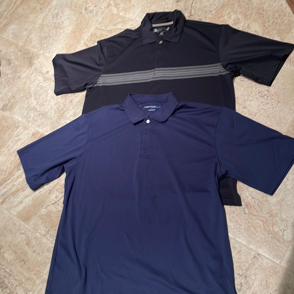 2 for 1 golf polos like new one navy one black with grey stripe both Lange
